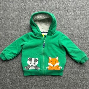Baby Boden Hoodie Green Raccoon Fox Applique Kids Size 9-12M Full Zip Boys
